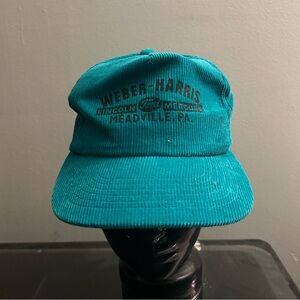 Vintage Ford Trucker Hat Mens OSFA Blue Corduroy Snapback Cap 80s Weber Harris